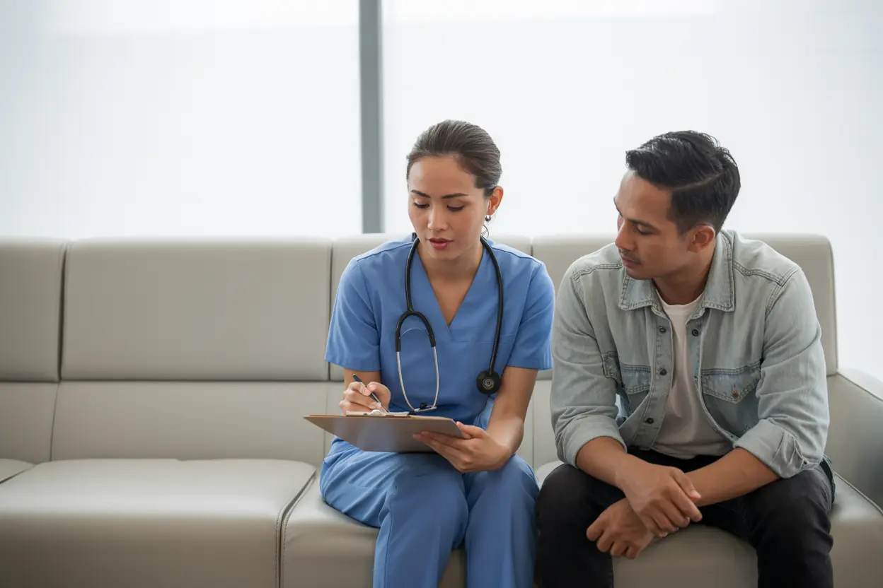 Seorang profesional kesehatan wanita mengenakan seragam biru muda dan stetoskop di lehernya duduk di sofa kulit abu-abu muda, menulis di papan klip. Di sebelahnya duduk seorang pasien pria mengenakan jaket denim abu-abu kasual dan celana gelap.