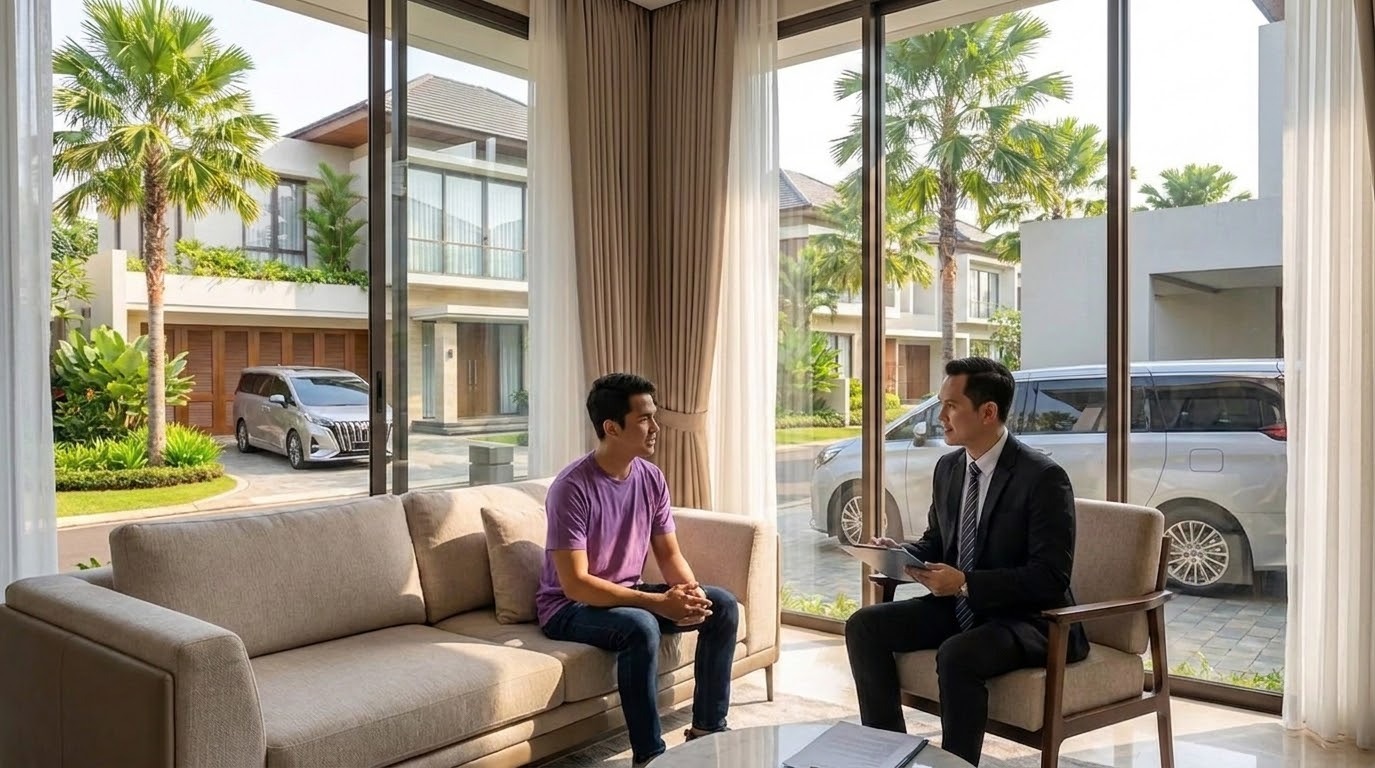 Seorang agen asuransi berpakaian rapi sedang berdiskusi mengenai dokumen dengan klien yang duduk di sofa di dalam rumah modern, dengan jendela besar yang menampilkan lingkungan perumahan mewah di luar.