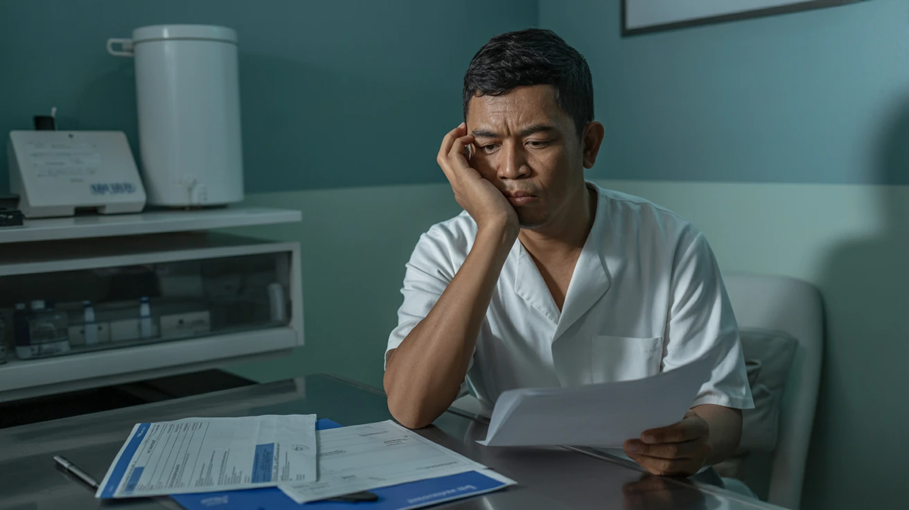 Seorang pria dalam seragam medis duduk di ruang rumah sakit sambil memegang dokumen BPJS dan polis asuransi lainnya di atas meja.