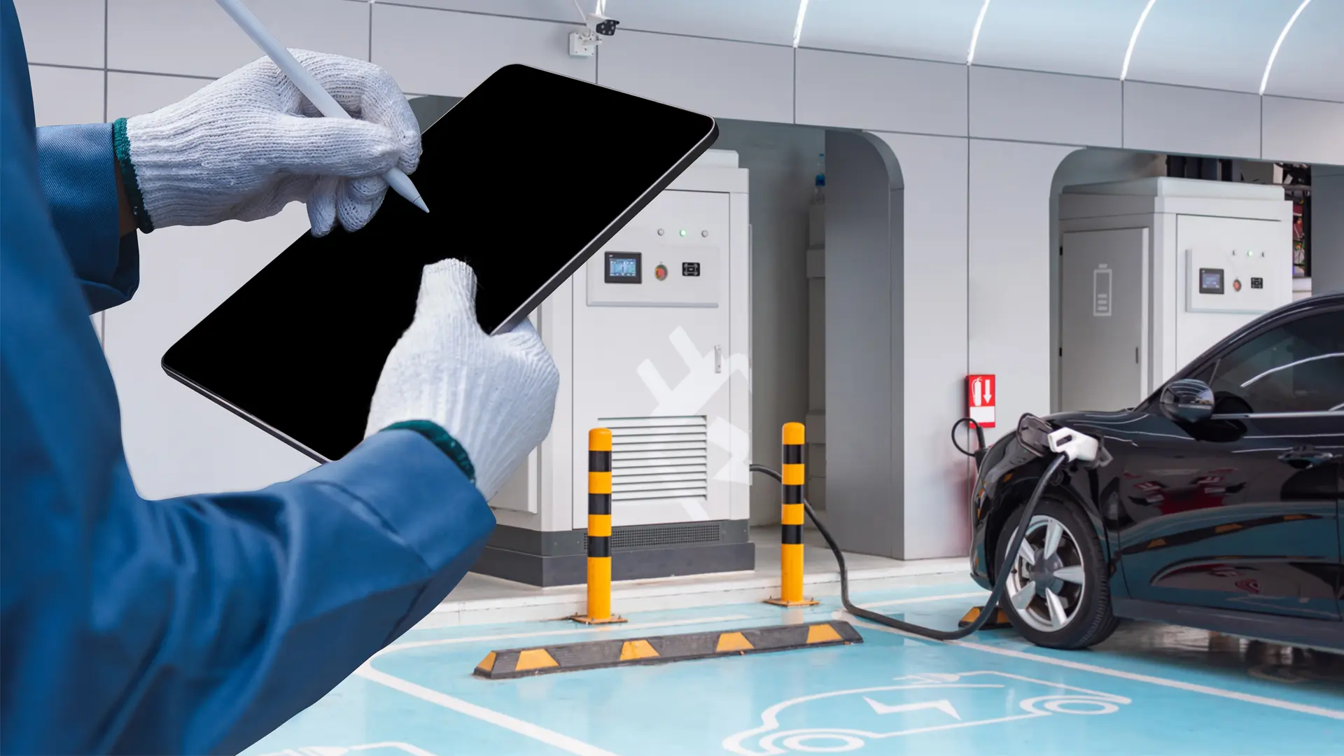 Mobil listrik sedang isi daya di stasiun pengisian dengan latar gedung