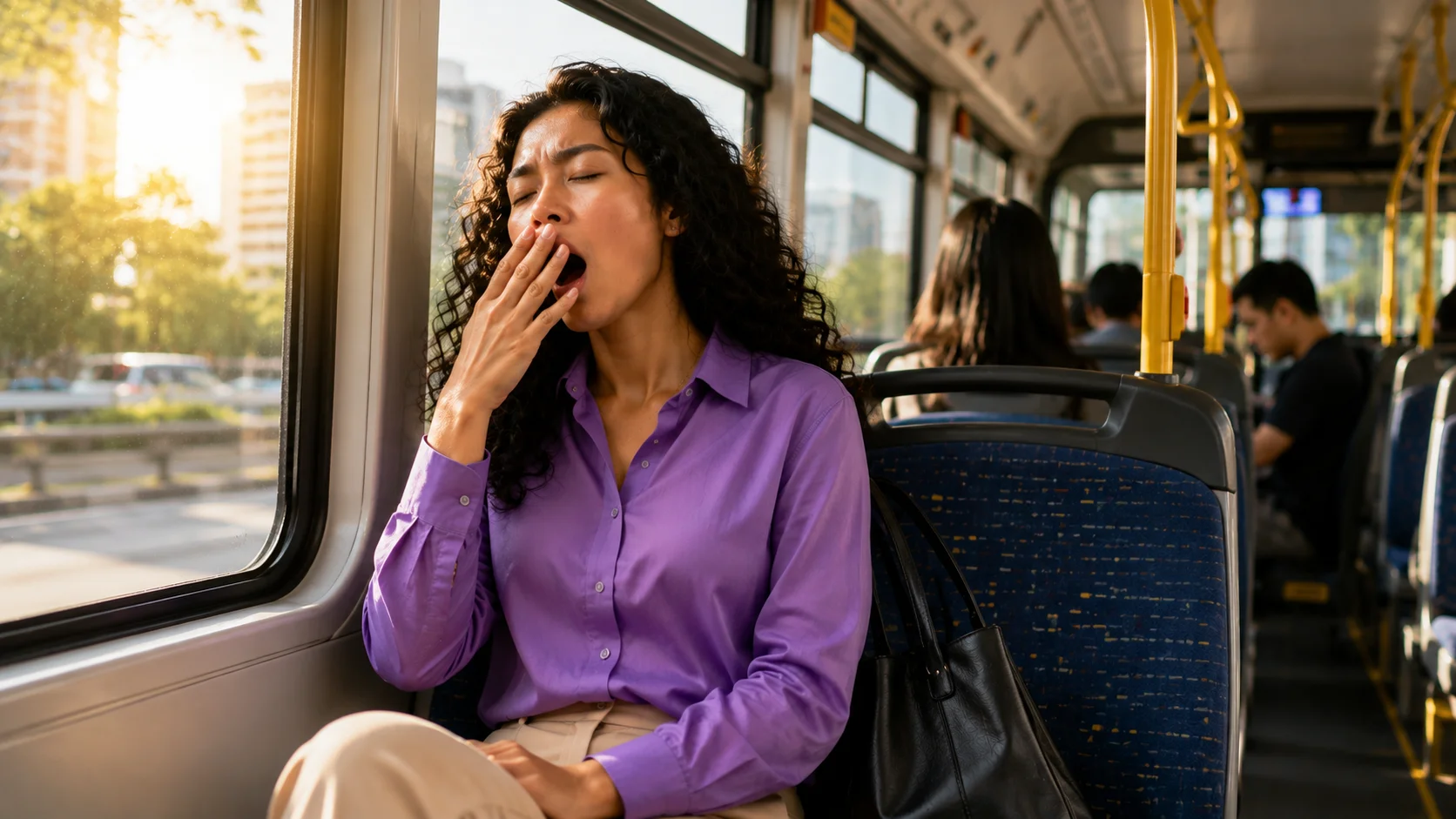 Perempuan Indonesia di bus sedang mengantuk karena kurang tidur