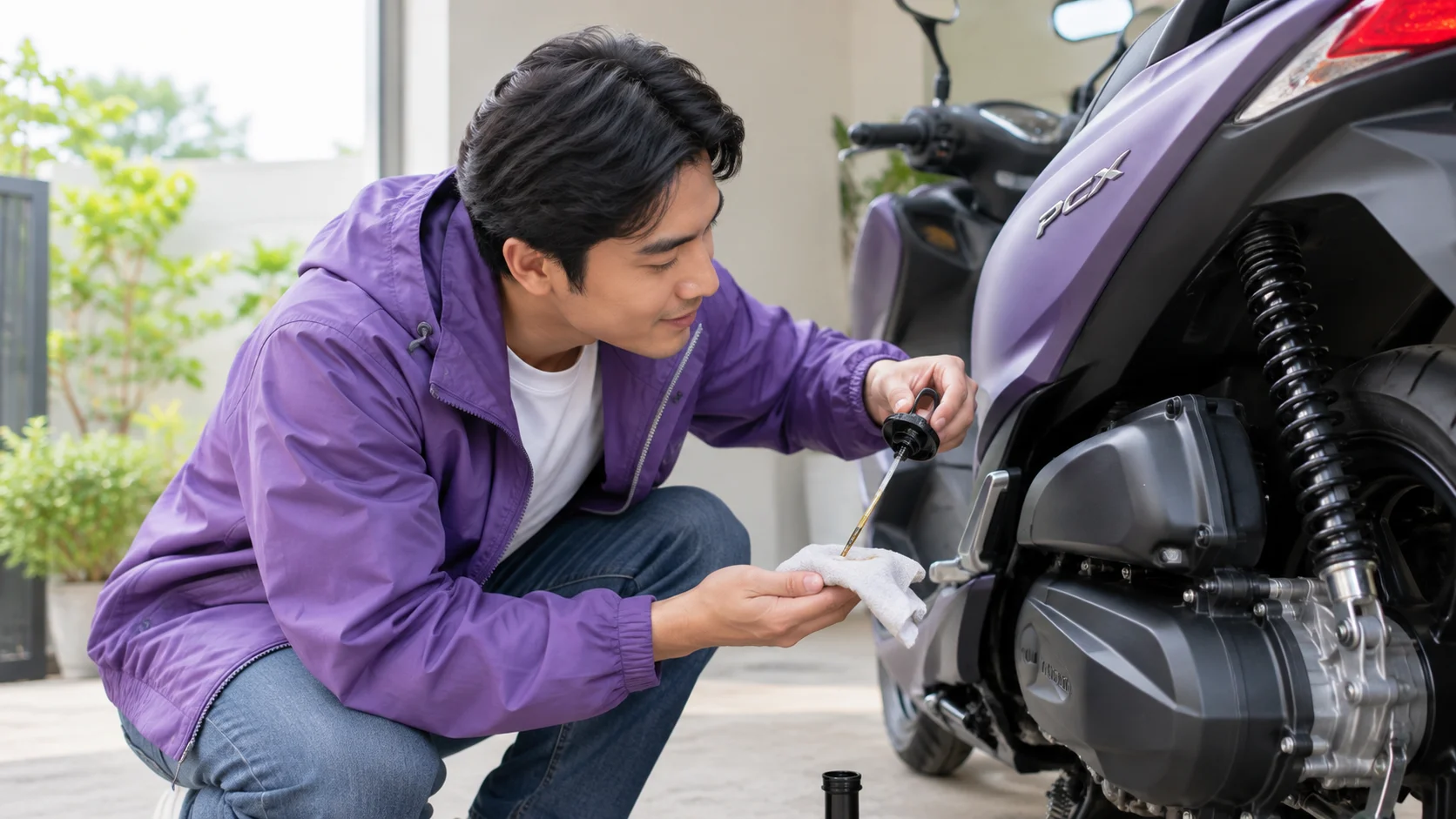 Pengendara motor matic sedang memeriksa kondisi oli motornya