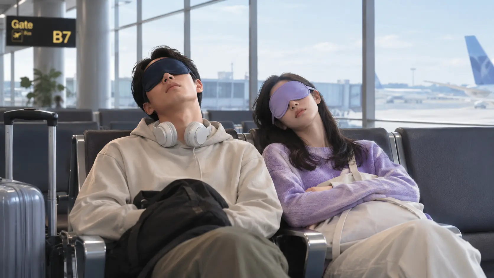 Pasangan Indonesia sedang tertidur di ruang tunggu bandara