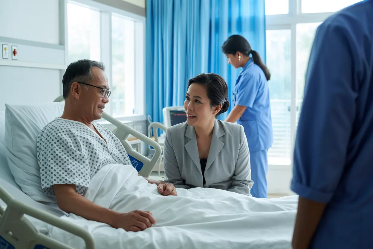 Pasien pria mengenakan baju rumah sakit sedang berbincang dengan pengunjung wanita berjas abu-abu di samping tempat tidur, dengan perawat di latar belakang