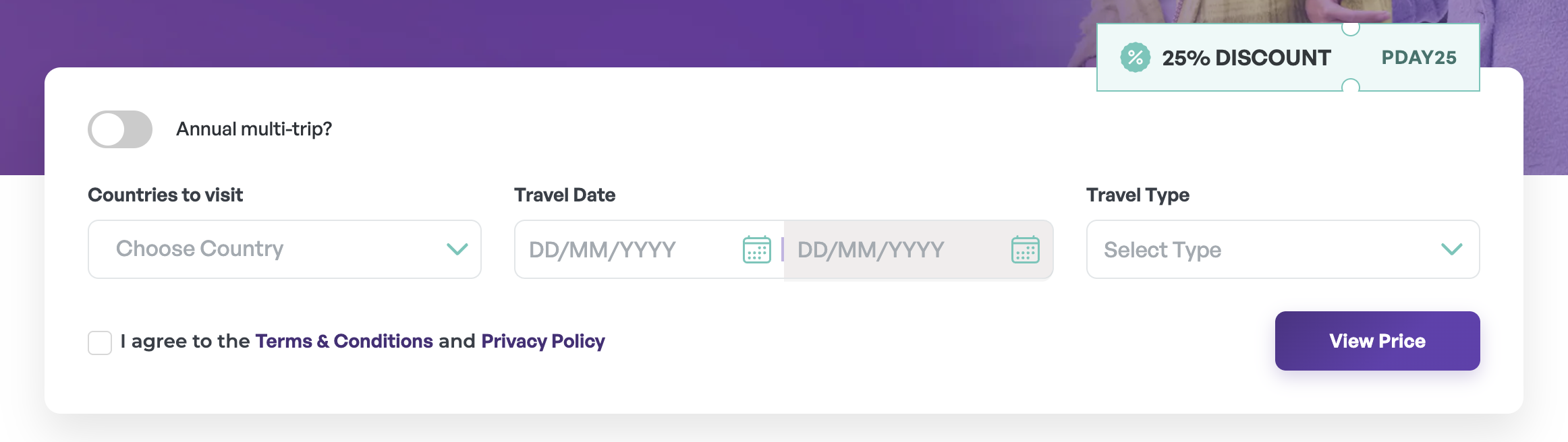 Oona Travel Insurance purchase form for Schengen Visa with choice of destination country, travel date and type of trip
