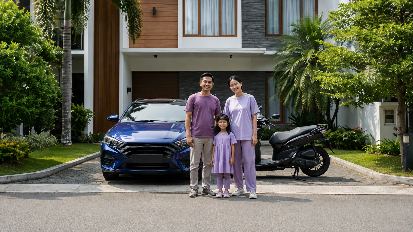 Keluarga Indonesia berdiri di depan rumah bersama mobil dan motor mereka