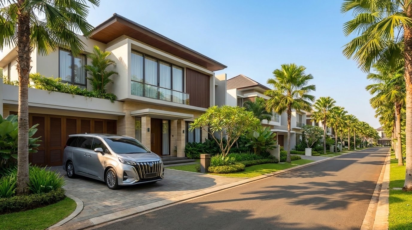 Perumahan mewah modern dengan rumah besar, pokok palma dan kereta Denza D9 perak di bawah cahaya matahari