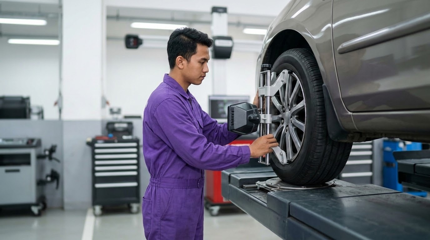 Seorang mekanik Indonesia melakukan spooring pada roda mobil di bengkel profesional