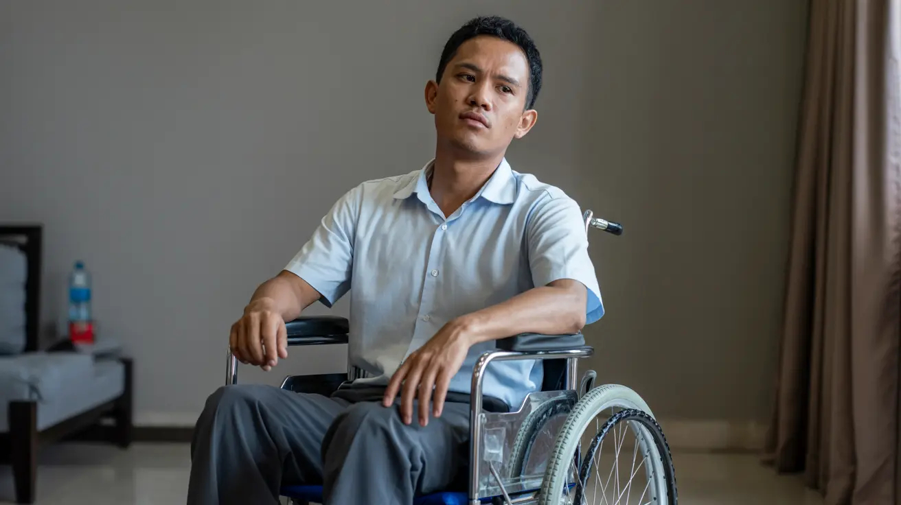 Pasien pria mengenakan baju rumah sakit sedang berbincang dengan pengunjung wanita berjas abu-abu di samping tempat tidur, dengan perawat di latar belakang