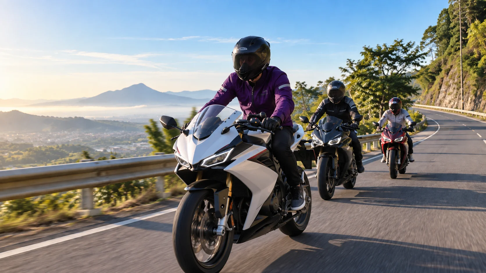 Ilustrasi pengendara motor menikmati Sunday Morning Ride di jalan pada pagi hari
