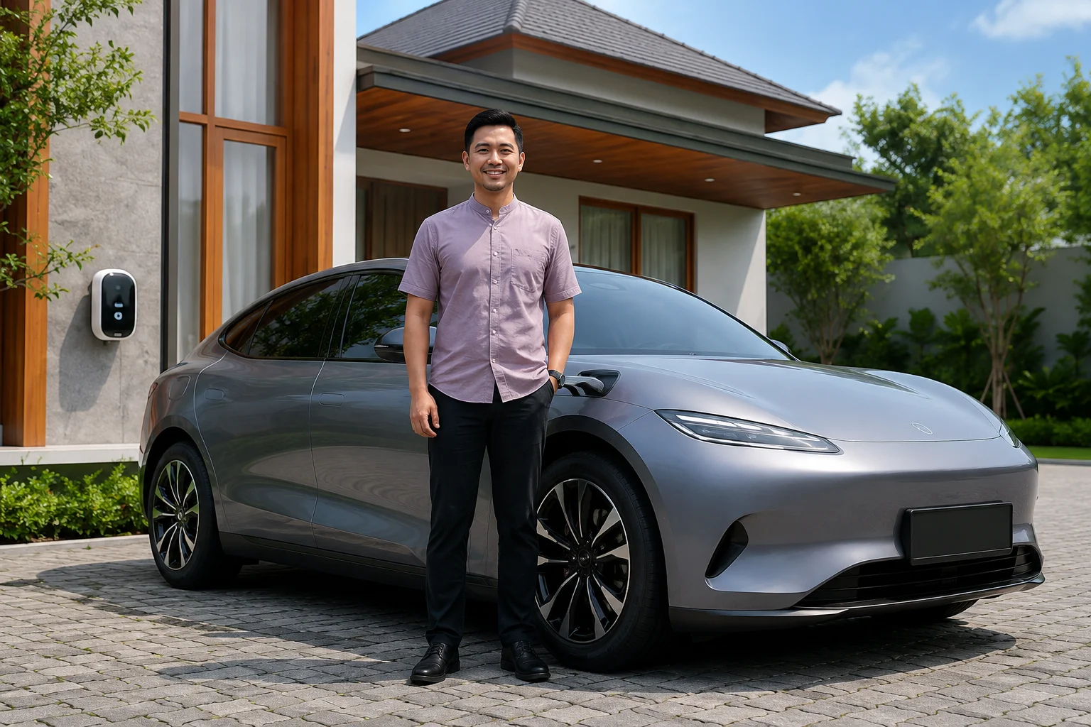 Pria Indonesia sedang berdiri di samping mobil listrik di rumahnya