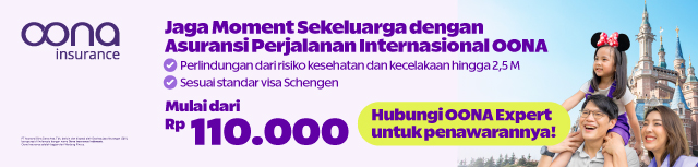 Banner Oona Insurance untuk asuransi perjalanan internasional mulai Rp 110.000, dengan manfaat sesuai standar visa Schengen dan perlindungan hingga 2,5M, menampilkan keluarga di depan destinasi wisata bertema kastil.